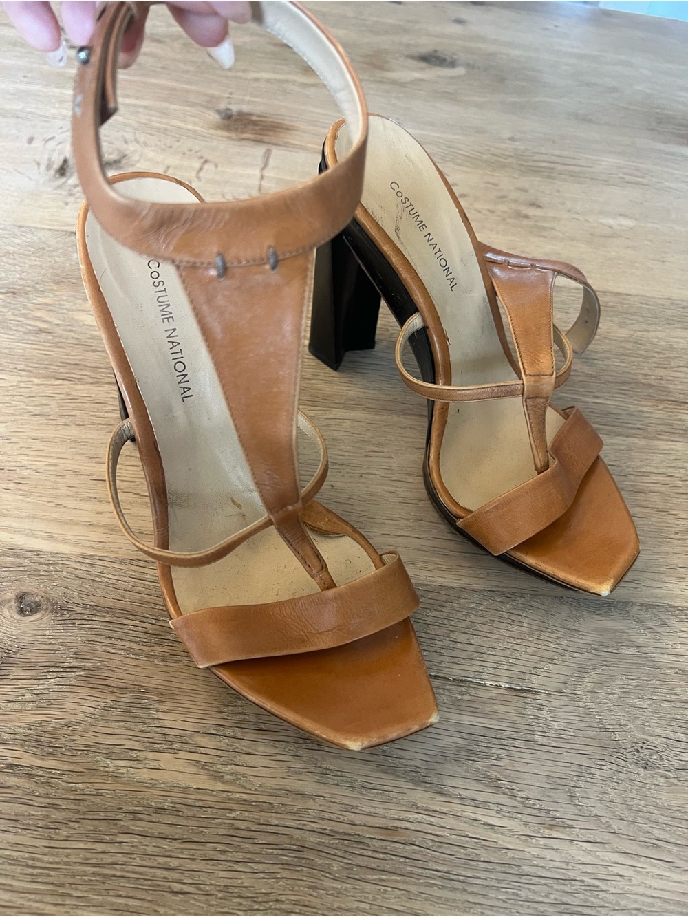 Vintage Costume National Brown Leather Square Toe T-Strap Heel Sandals EU 39